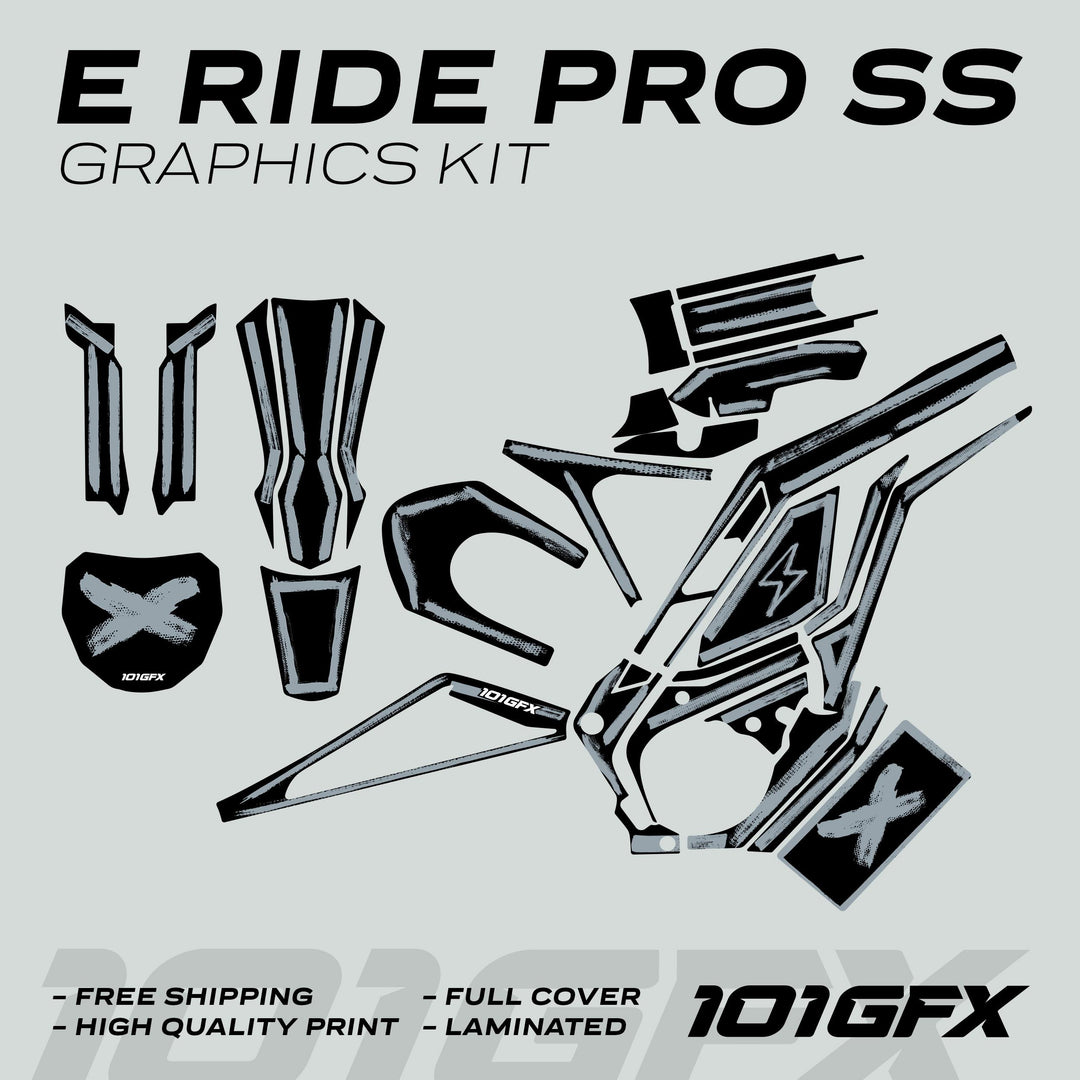 E Ride Pro SS Graphics Kit BRUSH Black Grey with vinyl pieces for bike decoration, featuring fork guards, down-tube panels, and more, emphasizing durability and style.