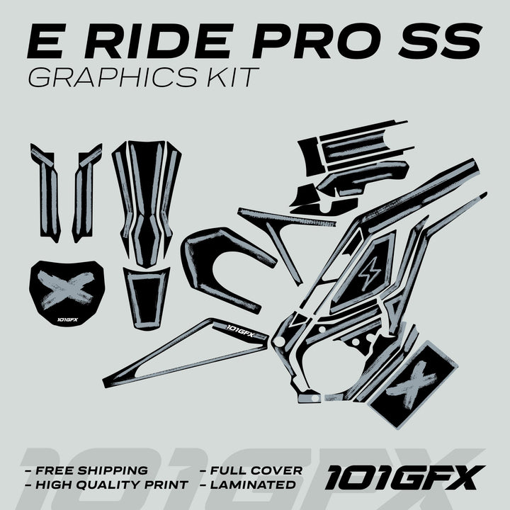 E Ride Pro SS Graphics Kit BRUSH Black Grey with vinyl pieces for bike decoration, featuring fork guards, down-tube panels, and more, emphasizing durability and style.