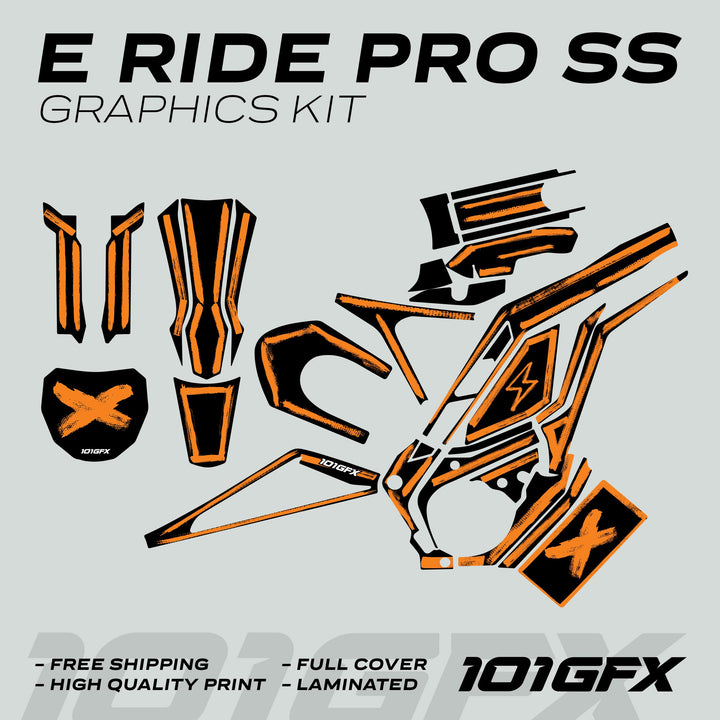 E Ride Pro SS Graphics Kit BRUSH Black Orange: Custom decals featuring black with distressed orange highlights, including number plate and side panels. Promoted with free shipping and high-quality print.