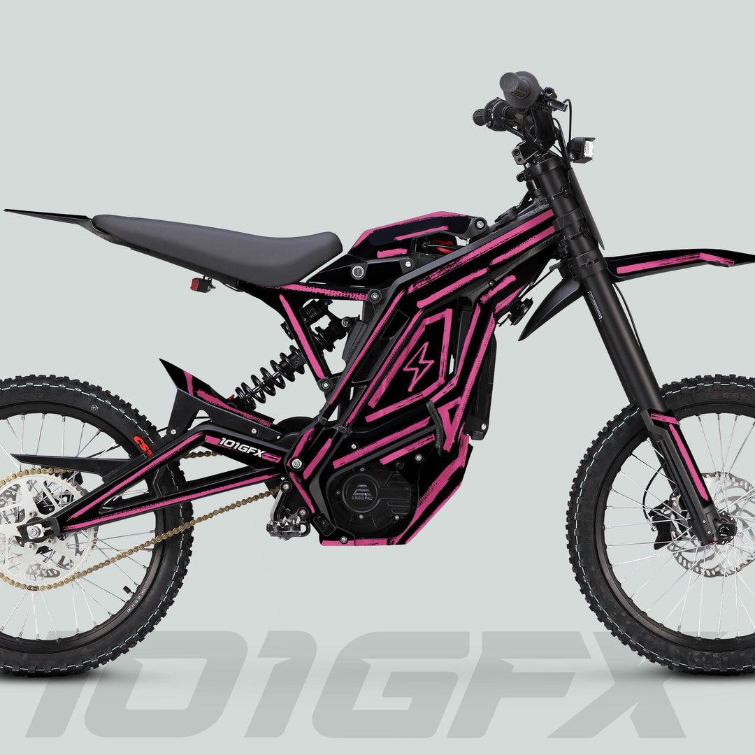 E Ride Pro SS Graphics Kit BRUSH Black Pink on an electric off-road motorcycle, showcasing durable, precision-cut decals for enhanced aesthetics and fit.