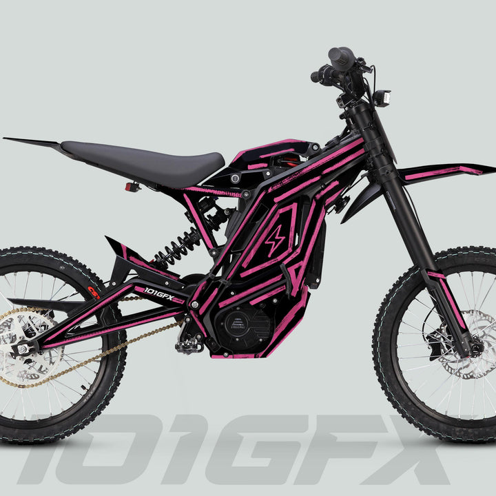 E Ride Pro SS Graphics Kit BRUSH Black Pink on an electric off-road motorcycle, showcasing durable, precision-cut decals for enhanced aesthetics and fit.