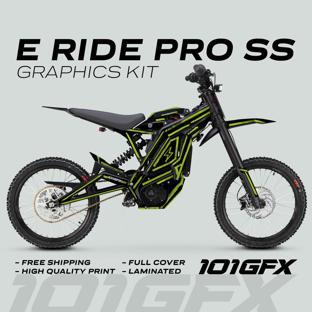 E Ride Pro SS Graphics Kit BRUSH Black Green in side profile, showcasing black-and-neon-green decals on an electric off-road bike with promotional details and supplier logo.