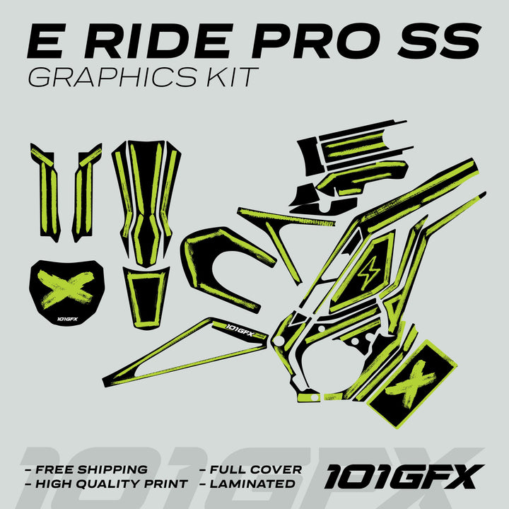 E Ride Pro SS Graphics Kit BRUSH Black Green, featuring black-and-neon-green vinyl decals, shown with call-outs for free shipping, high-quality print, and full-cover laminated finish.