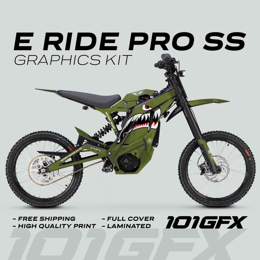 E Ride Pro SS Graphics Kit MILITARY SHARK OLIVE Black on electric dirt bike, featuring shark-mouth decal, olive-drab finish, black accents, and knobby tires.
