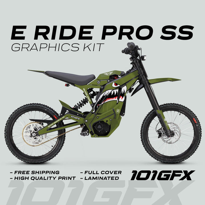 E Ride Pro SS Graphics Kit MILITARY SHARK OLIVE Black on electric dirt bike, featuring shark-mouth decal, olive-drab finish, black accents, and knobby tires.
