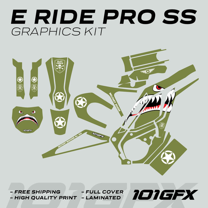 E Ride Pro SS Graphics Kit MILITARY SHARK OLIVE Black featuring WWII shark-mouth art, military stars, and skull-wing badges on olive-drab vinyl panels for full scooter coverage.