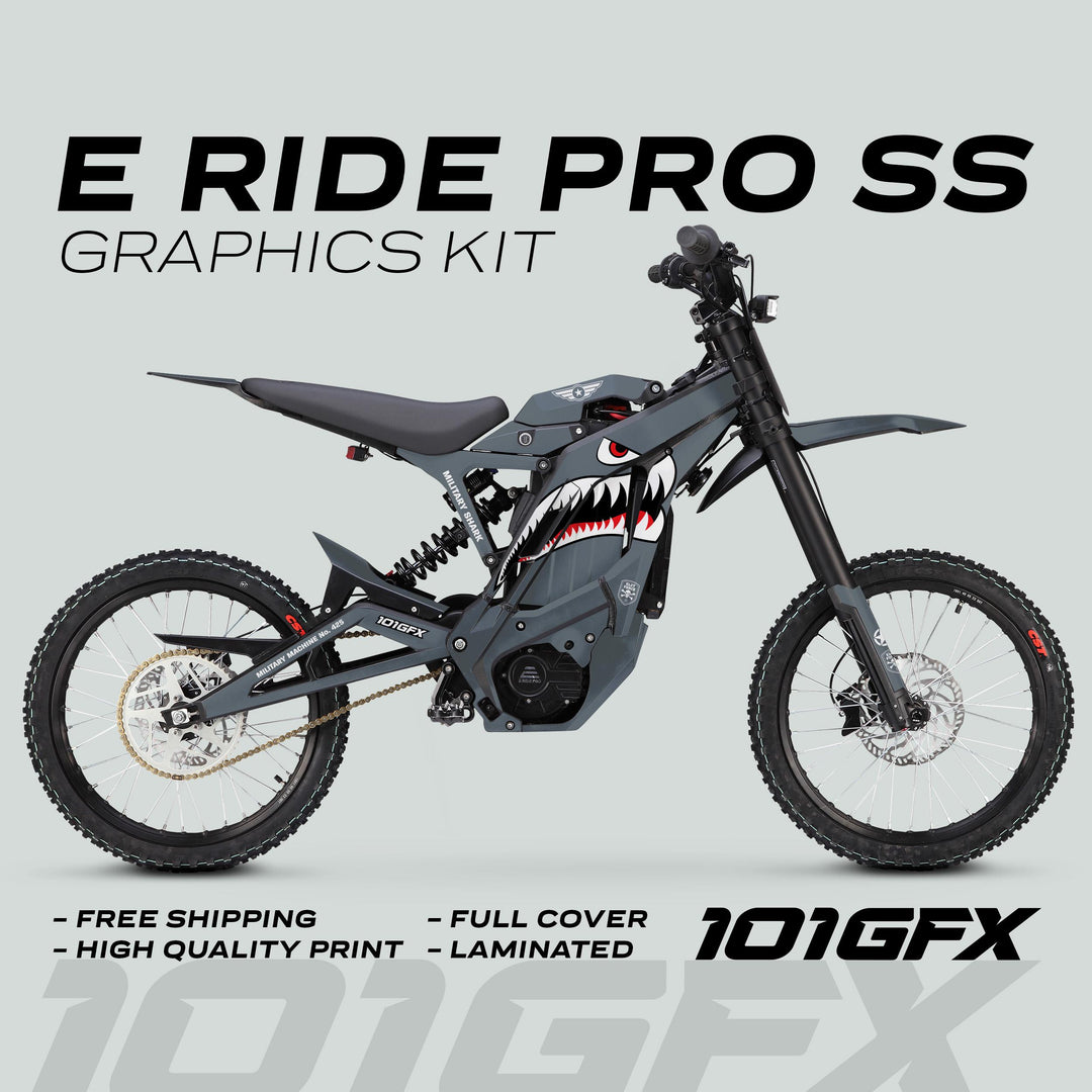 E Ride Pro SS Graphics Kit MILITARY SHARK Grey featuring a shark-mouth design on an electric off-road bike with promotional highlights and 101GFX branding.