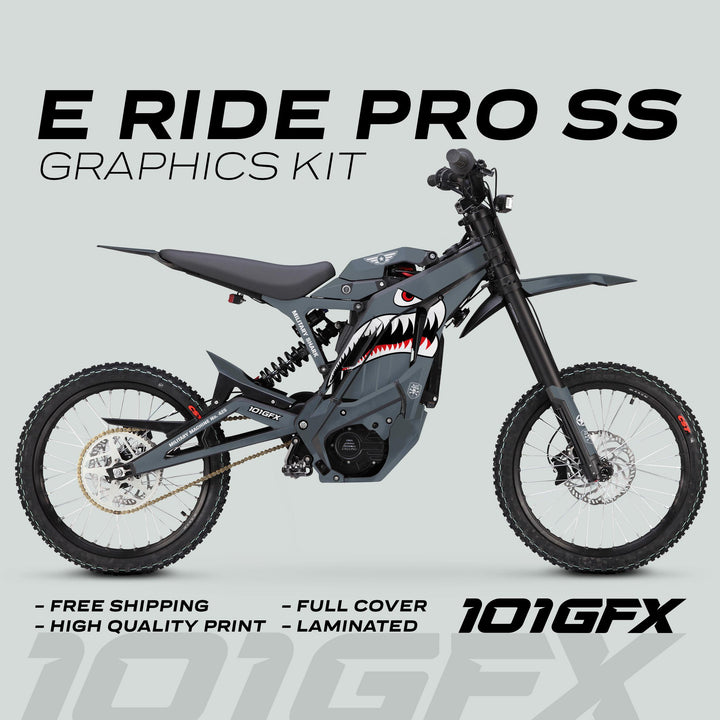 E Ride Pro SS Graphics Kit MILITARY SHARK Grey featuring a shark-mouth design on an electric off-road bike with promotional highlights and 101GFX branding.