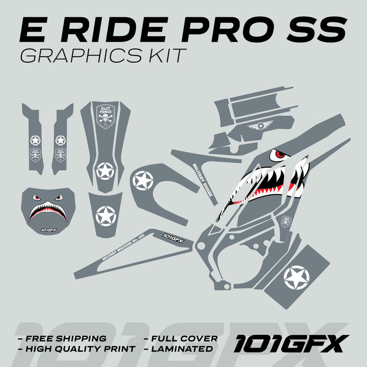 E Ride Pro SS Graphics Kit MILITARY SHARK Grey, featuring shark-mouth, star badges, and skull emblem decals, offers full-cover, laminated protection for electric scooters or bikes.