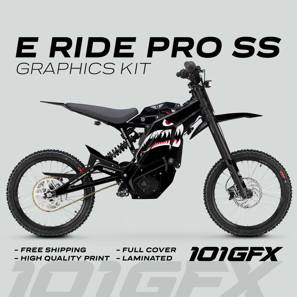 E Ride Pro SS Graphics Kit MILITARY SHARK Black on bike, featuring shark-mouth decals, promoting free shipping, high-quality print, full cover, and laminated finish.