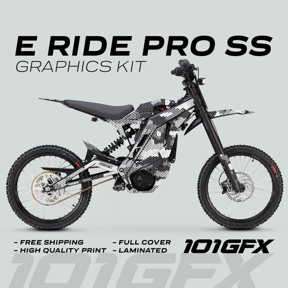 E Ride Pro SS Graphics Kit HEXOCAM WHITE on e-bike frame, showcasing black-and-white camo decal; features free shipping, high-quality print, full cover, laminated.