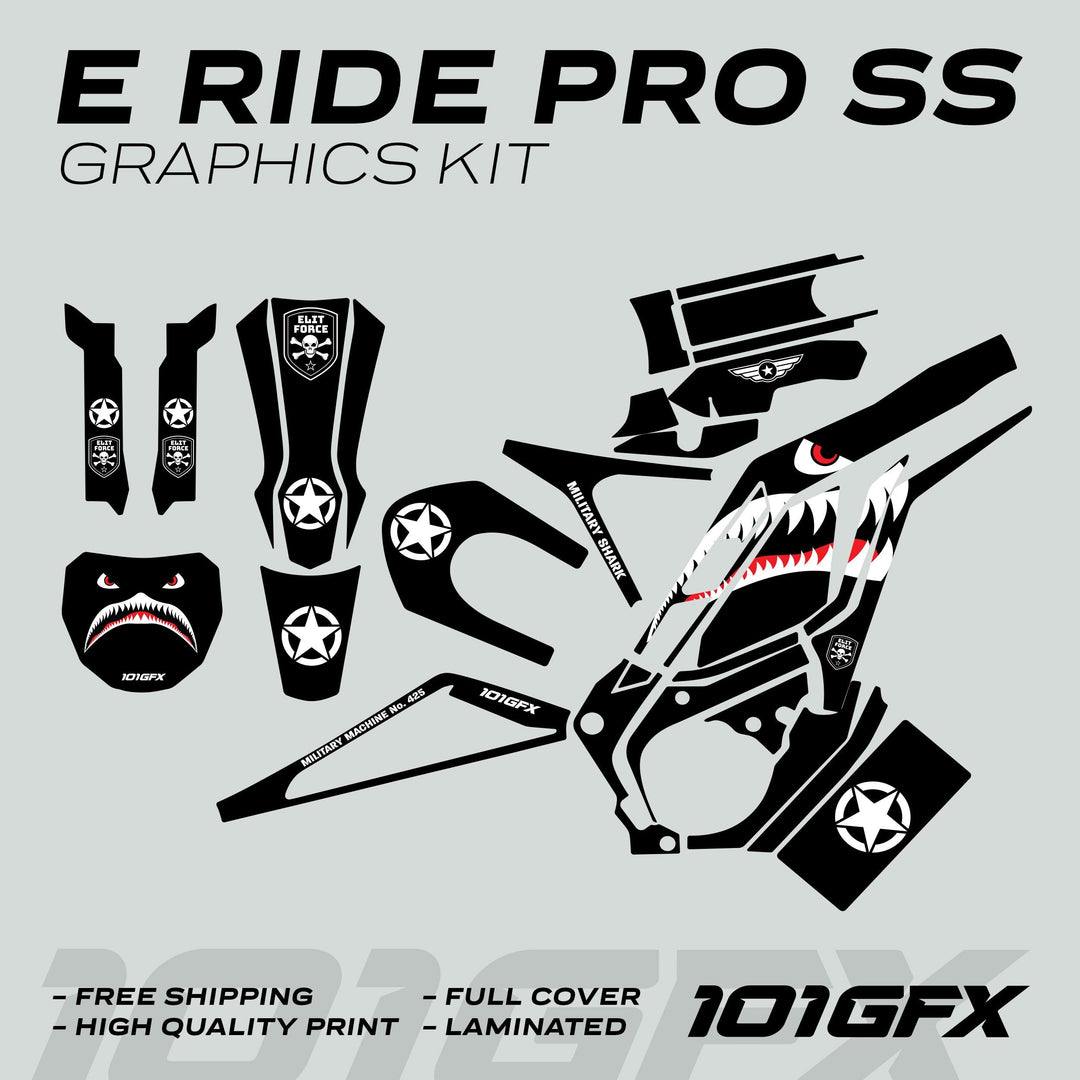 E Ride Pro SS Graphics Kit MILITARY SHARK Black featuring black decals with white stencil stars, skull badges, and shark-mouth motif, designed for durable, striking vehicle styling.