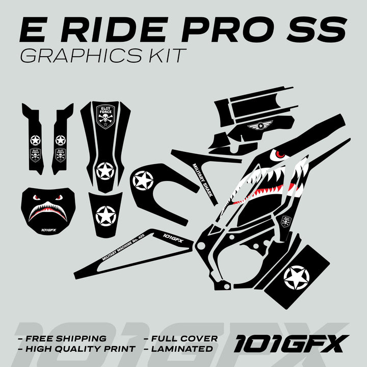 E Ride Pro SS Graphics Kit MILITARY SHARK Black featuring black decals with white stencil stars, skull badges, and shark-mouth motif, designed for durable, striking vehicle styling.