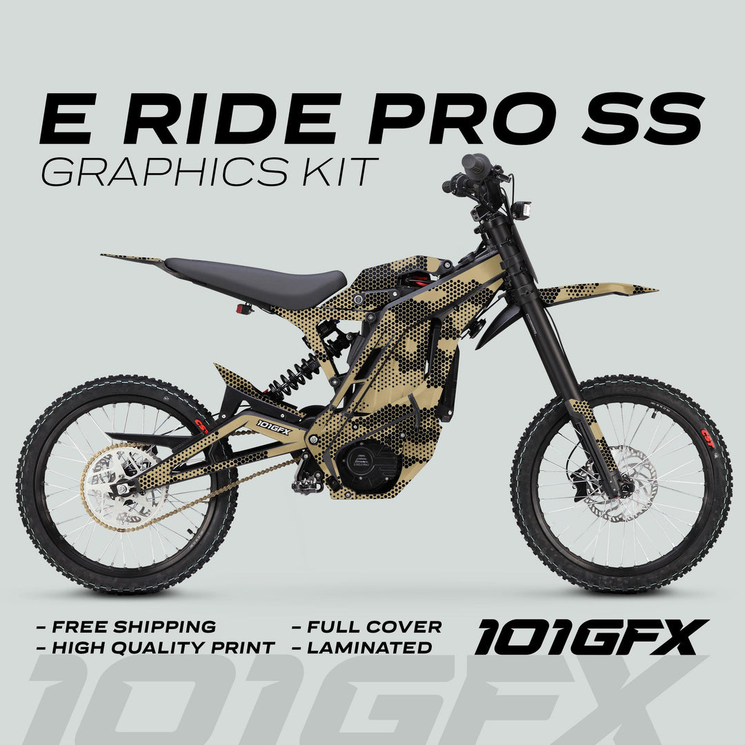 E Ride Pro SS Graphics Kit HEXOCAM SAND on electric dirt bike, showcasing tan-and-black camo pattern, free shipping, high-quality print, full cover, and laminated durability.