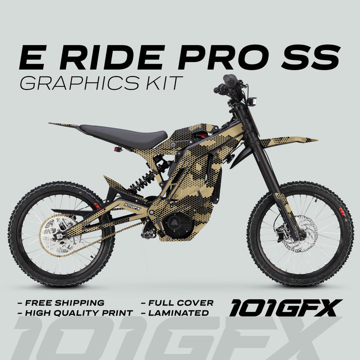 E Ride Pro SS Graphics Kit HEXOCAM SAND on electric dirt bike, showcasing tan-and-black camo pattern, free shipping, high-quality print, full cover, and laminated durability.