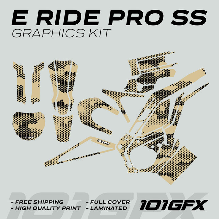 E Ride Pro SS Graphics Kit HEXOCAM SAND with tan-black honeycomb decals for e-bike panels, highlighting free shipping and quality features at the bottom.