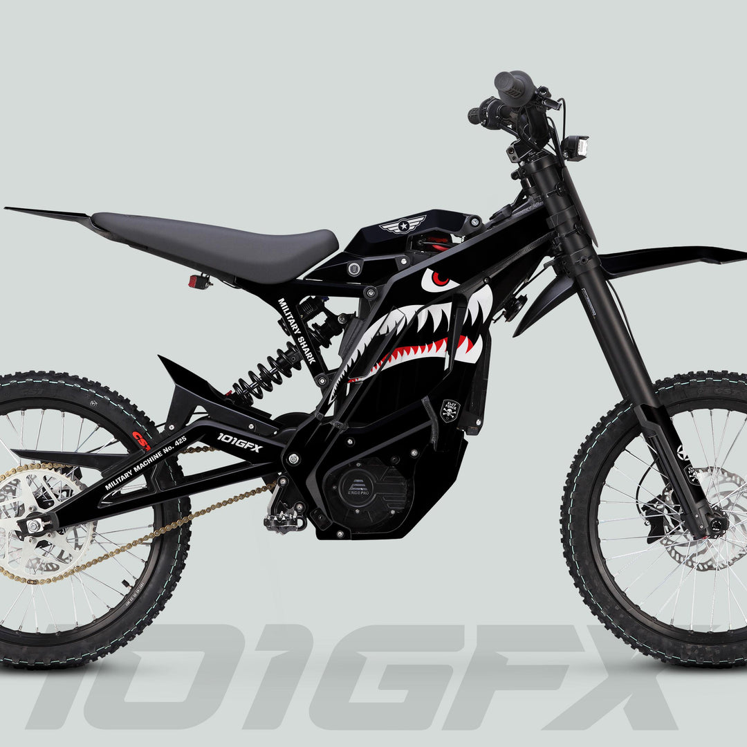 Black E Ride Pro SS motorcycle with Military Shark graphics, showcasing a high-torque hub motor, tubular frame, knobby tires, and LED headlight.