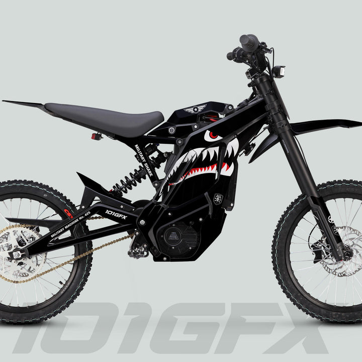 Black E Ride Pro SS motorcycle with Military Shark graphics, showcasing a high-torque hub motor, tubular frame, knobby tires, and LED headlight.