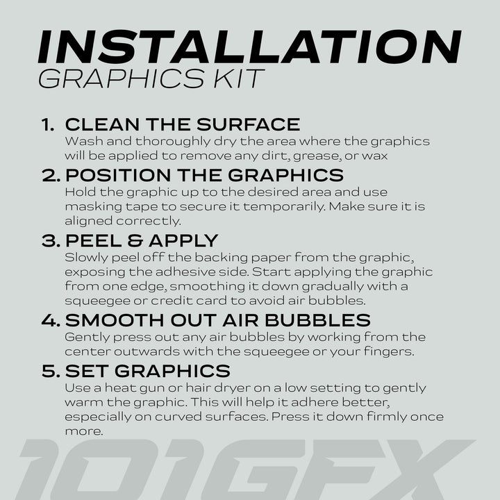 E Ride Pro SS Graphics Kit HEXOCAM PURPLE installation sheet detailing five-step vinyl application process with “101GFX” watermark in background. Designed for E Ride Pro SS models.