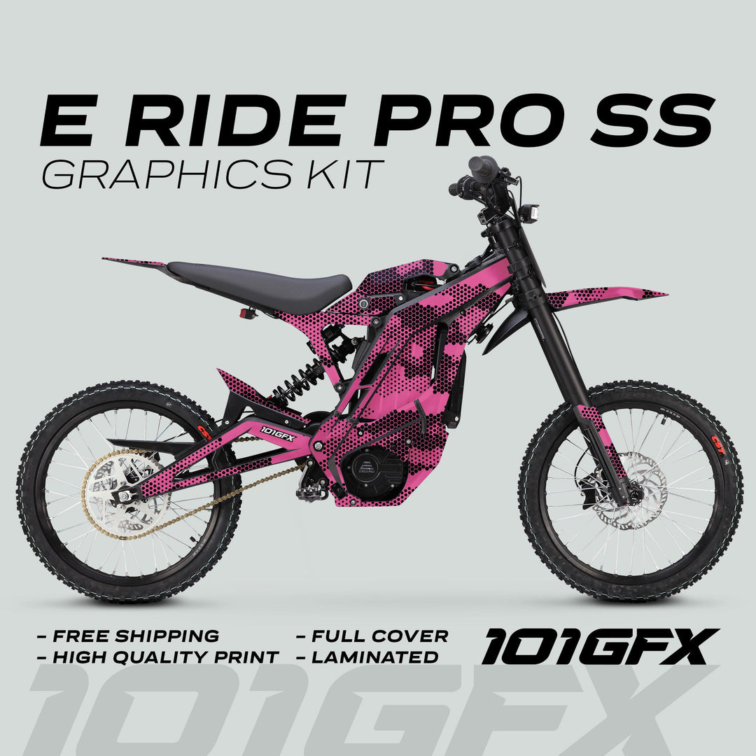 E Ride Pro SS Graphics Kit HEXOCAM PINK on electric bike, featuring pink-and-black dot/camo design, free shipping, high-quality print, full cover, laminated, with 101GFX branding.