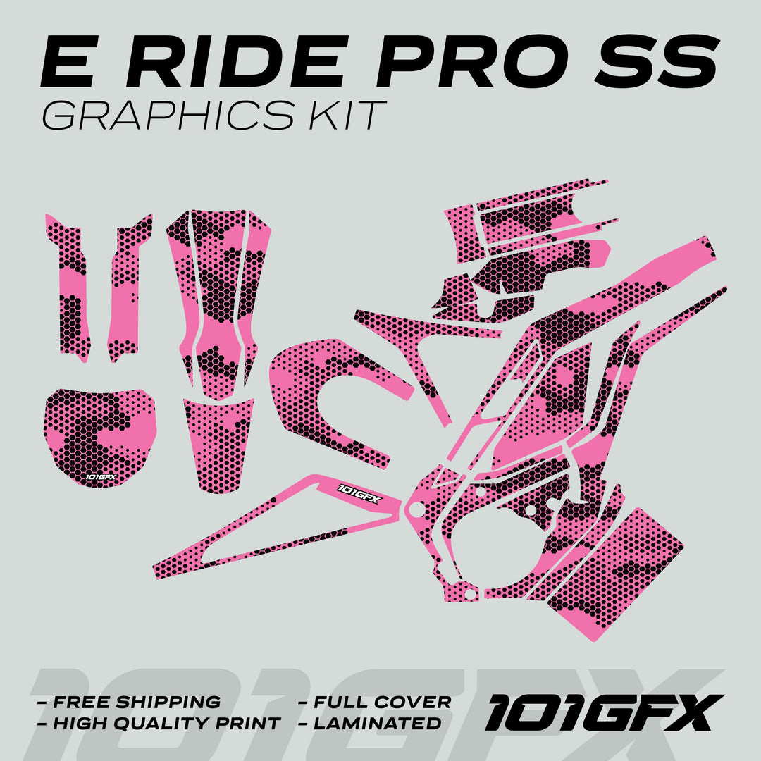 E Ride Pro SS Graphics Kit HEXOCAM PINK includes pink-and-black vinyl decals for dirt bikes, featuring fork guards, radiator shrouds, and more on a gray background.