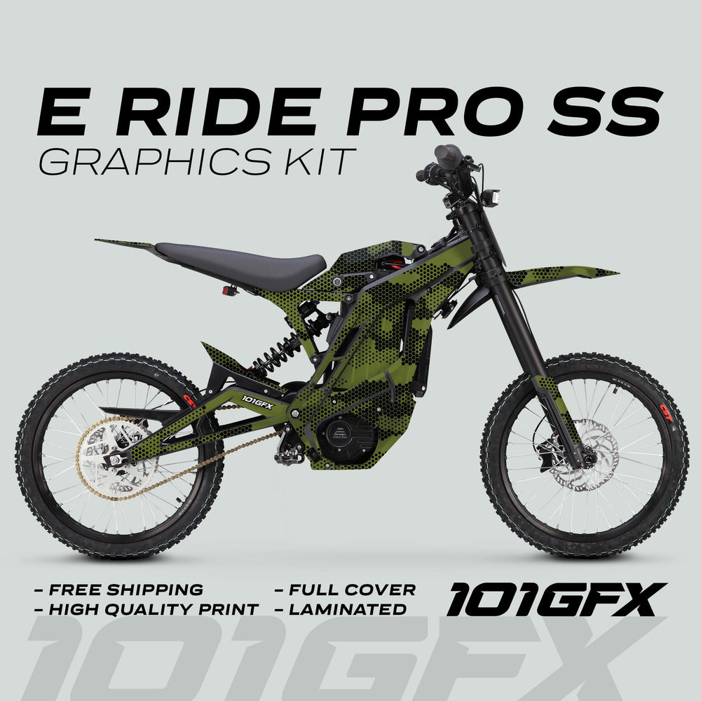 Side-view of E Ride Pro SS Graphics Kit HEXOCAM OLIVE on bike, showcasing green-and-black camo design, emphasizing durability and style with promotional highlights.