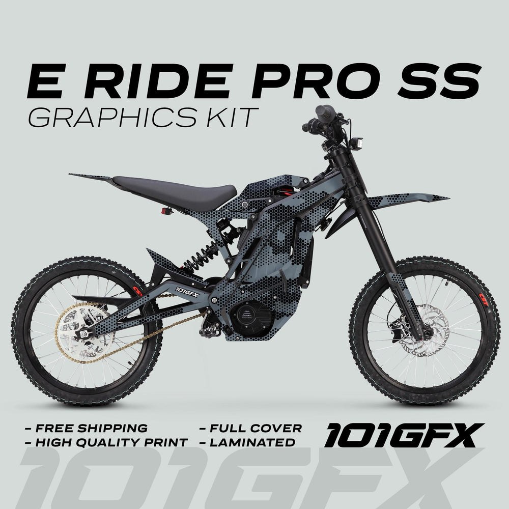 E Ride Pro SS Graphics Kit HEXOCAM GREY on electric dirt-bike, featuring a sleek gray-black camo wrap with free shipping and high-quality, laminated print by 101GFX.