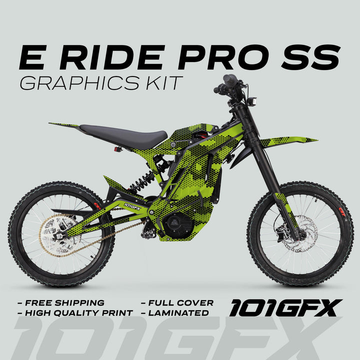 Electric dirt-bike with E Ride Pro SS Graphics Kit HEXOCAM GREEN featuring green-black halftone camo design, highlighting durability, custom fit, and easy application.