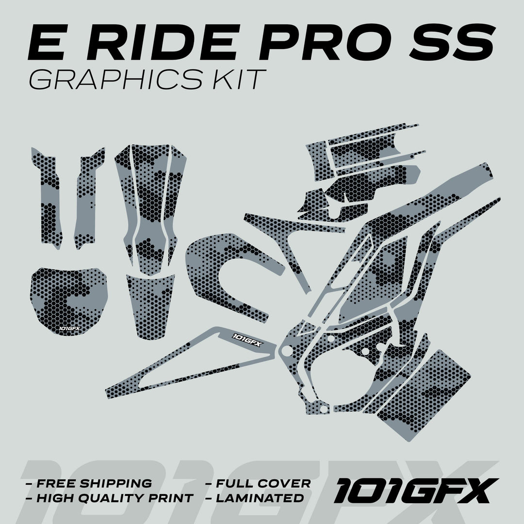 E Ride Pro SS Graphics Kit HEXOCAM GREY features pre-cut vinyl decals in grey-black hex-dot camo, offering durable style and easy application for E Ride Pro models.