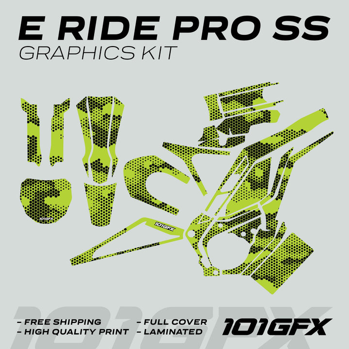 E Ride Pro SS Graphics Kit HEXOCAM GREEN decals, featuring neon-green with black halftone patterns, laid out flat for full vehicle coverage and protection.