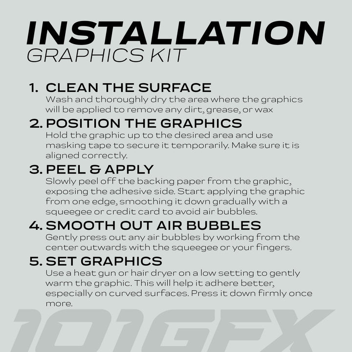 Instruction sheet for E Ride Pro SS Graphics Kit HEXOCAM GREEN, detailing five steps for applying vinyl graphics, enhancing vehicle aesthetics and protection.