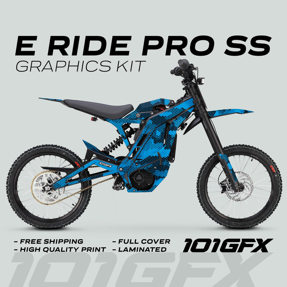 E Ride Pro SS Graphics Kit HEXOCAM CYAN on an electric off-road bike, showcasing blue-camouflage design, highlighting free shipping, high-quality laminate, and 101GFX branding.