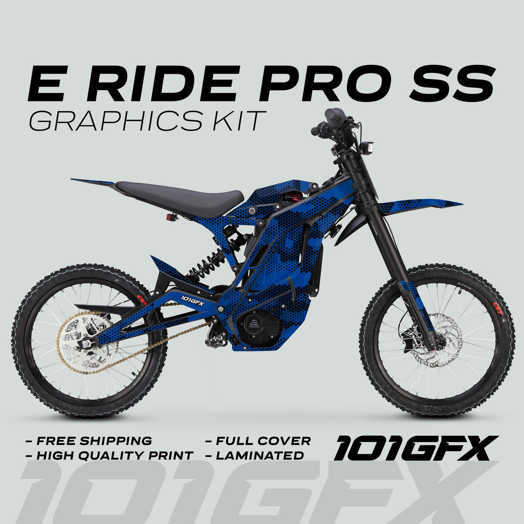 E Ride Pro SS Graphics Kit HEXOCAM BLUE on bike, featuring blue-black camo decals. Highlights: Free Shipping, High Quality Print, Full Cover, Laminated, 101GFX logo displayed.