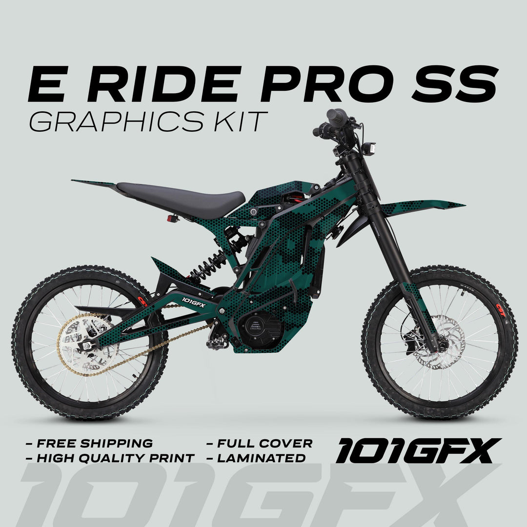 E Ride Pro SS Graphics Kit HEXOCAM AVENTUR on an electric dirt-bike with a green-and-black honeycomb wrap, highlighting free shipping, high-quality print, full cover, laminated features.