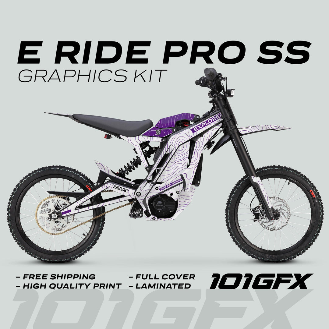 E Ride Pro SS Graphics Kit EXPLORER White Purple on an electric off-road bike, showcasing vibrant purple-and-white topographic design with free shipping, high-quality print, full cover, laminated.