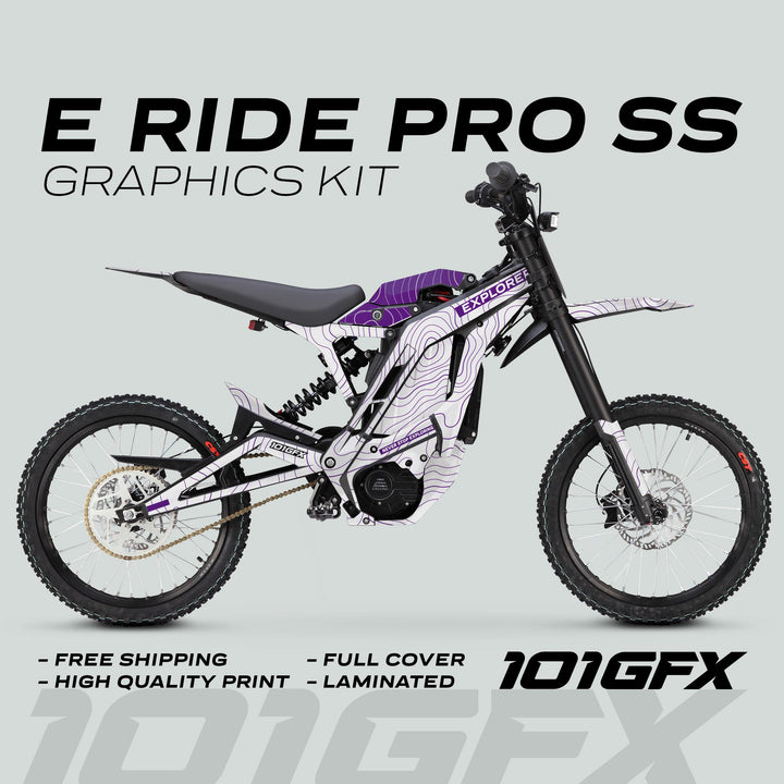 E Ride Pro SS Graphics Kit EXPLORER White Purple on an electric off-road bike, showcasing vibrant purple-and-white topographic design with free shipping, high-quality print, full cover, laminated.