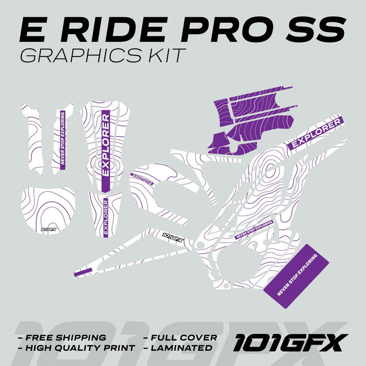 E Ride Pro SS Graphics Kit EXPLORER features white-purple contour decals, bold EXPLORER text, and quality highlights, enhancing electric mountain bike style and durability.