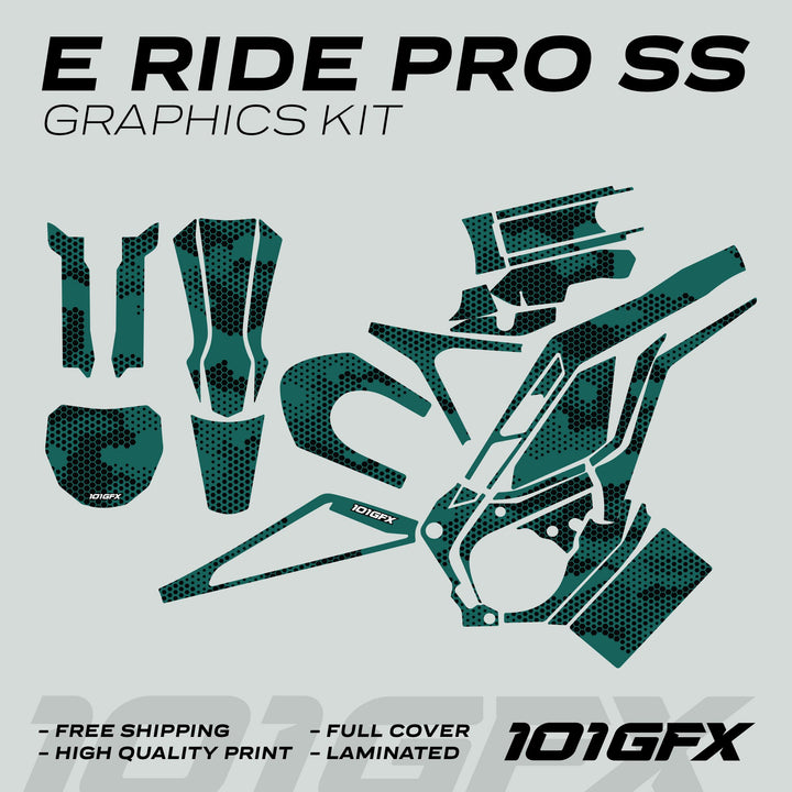 E Ride Pro SS Graphics Kit HEXOCAM AVENTUR includes teal, honeycomb-patterned vinyl decals, offering full coverage, high-quality print, and easy application for E Ride Pro models.