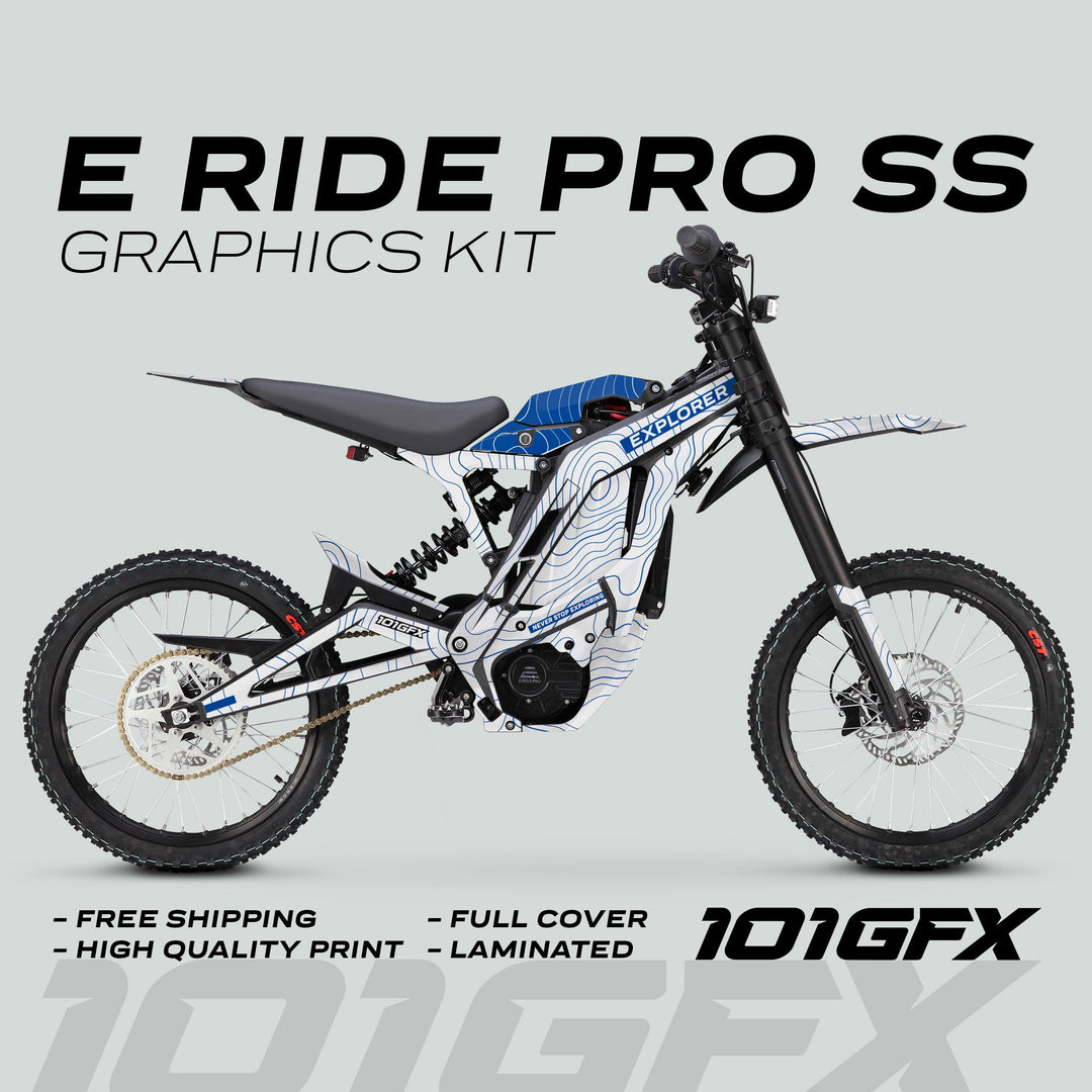 E Ride Pro SS Graphics Kit EXPLORER showcases a white-and-blue topographic-line design on an electric dirt-bike, emphasizing full coverage and high-quality print.