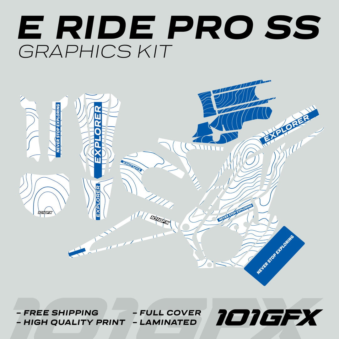 E Ride Pro SS Graphics Kit EXPLORER White Blue mock-up, showcasing full-coverage topographic decals for bike frame and fork, highlighting EXPLORER text and key features.