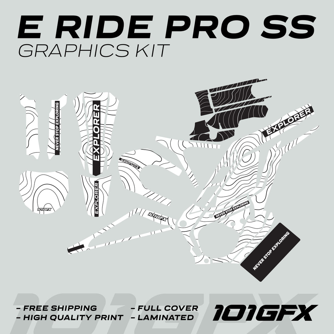 E Ride Pro SS Graphics Kit EXPLORER with contour-map motif stickers for electric bicycle, emphasizing durability, easy application, and a custom fit.