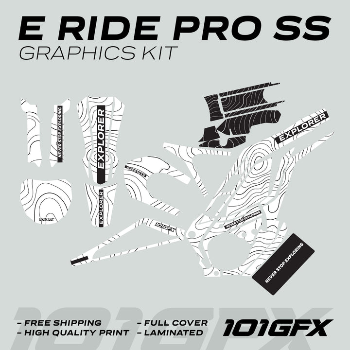 E Ride Pro SS Graphics Kit EXPLORER with contour-map motif stickers for electric bicycle, emphasizing durability, easy application, and a custom fit.