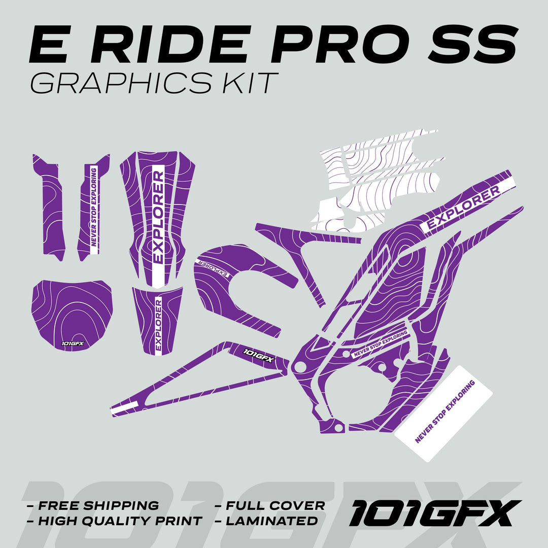 E Ride Pro SS Graphics Kit EXPLORER Purple White mock-up showing purple-and-white decals with EXPLORER text, emphasizing free shipping and high-quality, laminated vinyl material.