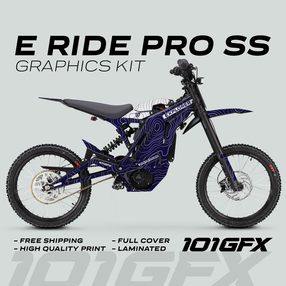 E Ride Pro SS Graphics Kit EXPLORER Navy White on electric dirt-bike, showcasing navy-white topographic decals, emphasizes durability, visibility, and easy installation with free shipping.