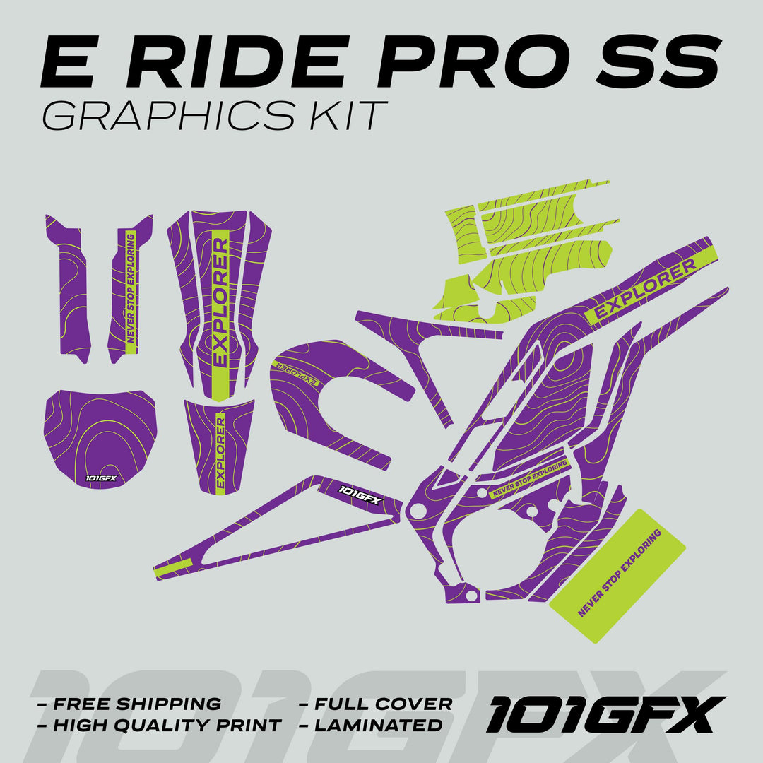 E Ride Pro SS Graphics Kit EXPLORER featuring purple-and-lime topographic decals, branding EXPLORER, and NEVER STOP EXPLORING, alongside seller's logo and promotional bullet points.