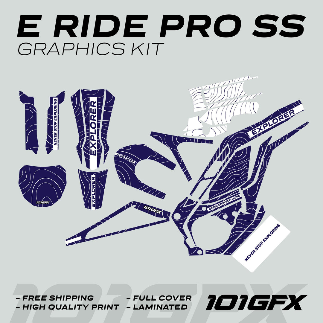 E Ride Pro SS Graphics Kit EXPLORER Navy White, showcasing vinyl cut-outs with topographic design, emphasizing durability and easy installation for enhanced bike aesthetics.