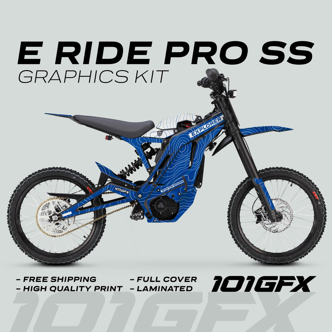 E Ride Pro SS Graphics Kit EXPLORER Blue White displayed on the bike, showcasing its topographic design, full coverage, and high-quality finish for off-road aesthetics.