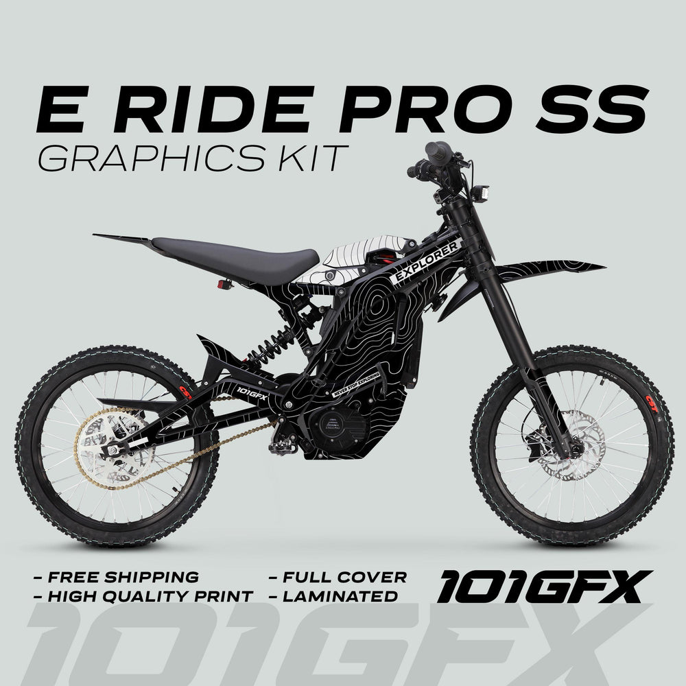 E Ride Pro SS Graphics Kit EXPLORER Black White wraps the bike with a topographic design, enhancing style and protection, highlighted by free shipping and quality features.