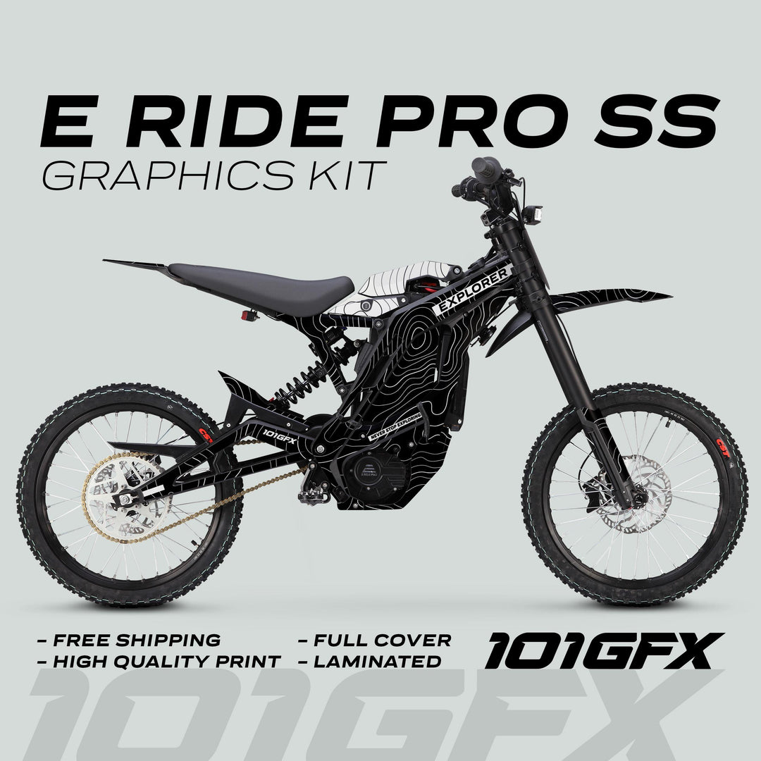 E Ride Pro SS Graphics Kit EXPLORER Black White wraps the bike with a topographic design, enhancing style and protection, highlighted by free shipping and quality features.