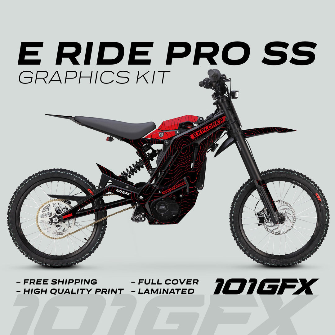 Side-view of E Ride Pro SS Graphics Kit EXPLORER Black Red, showcasing red-and-black contour wrap with branding and callouts for features like free shipping and high-quality print.